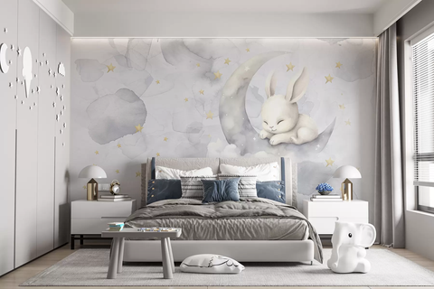 Фотошпалери флізелінові Walldeco Кролик спить на місяці u97739 Різні кольори 100х100 см u97739 фото