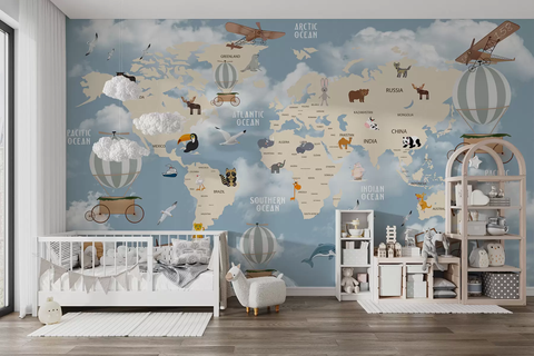 Фотошпалери флізелінові Walldeco Дитяча мапа світу з тваринами u48123 Синій 100х100 см u48123 фото