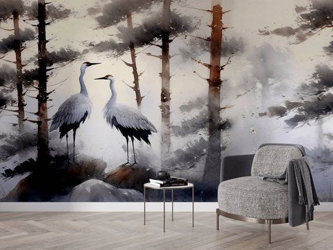 Фотообои флизелиновые Print-walls Журавли в туманном лесу 0399 100&times;100 см (Ш&times;В) 0399 фото